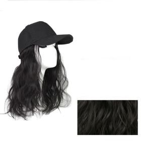 Black Baseball Cap with Fluffy Wavy Black Synthetic Hair Extension Wig Hat for Womens