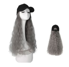 Black Baseball Cap with Grey Long Wavy Synthetic Wig Easy to Wear Hat with Hair Attached Wig Cap