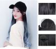 Black Baseball Cap with Grey Blue Long Wavy Wig Mixed Color Synthetic Hair Extension Hat Wig Cap