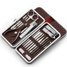 Set of 18 Pieces Nail Clipper Set Stainless Steel Nail Tools Manicure & Pedicure Travel Grooming Kit with Hard Case (Color: Brown)